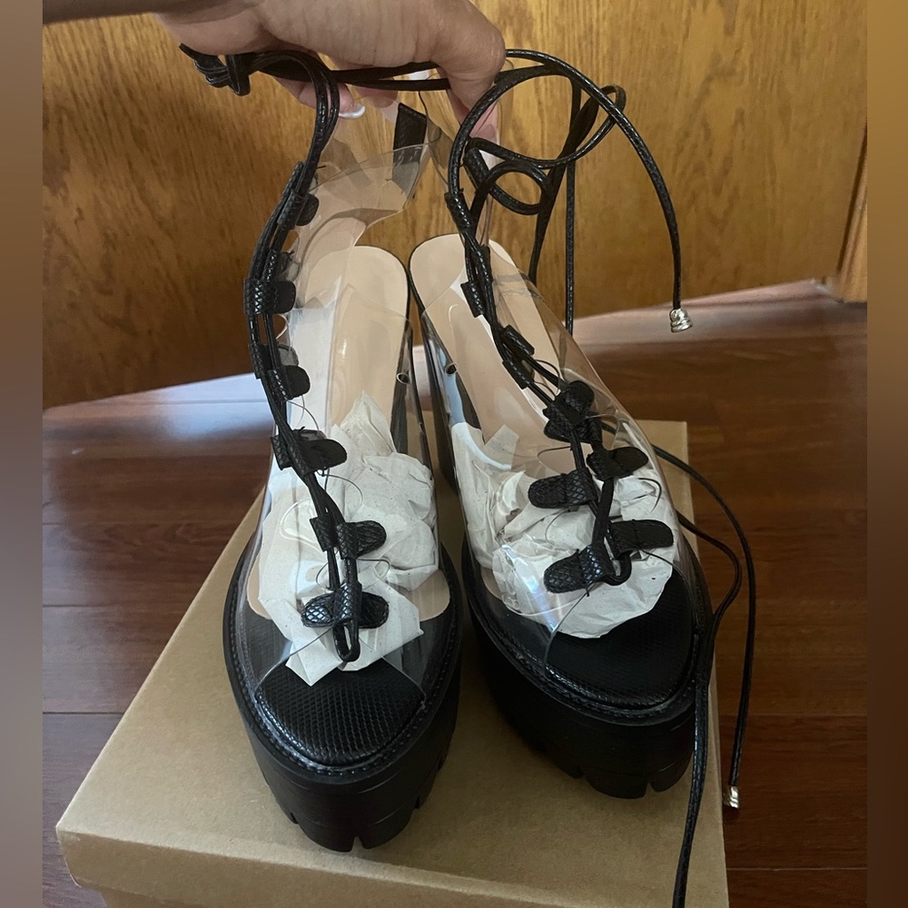 Womens Ankle Boots Transparent Chunky High Heels Clear Lace Up Platform Shoes